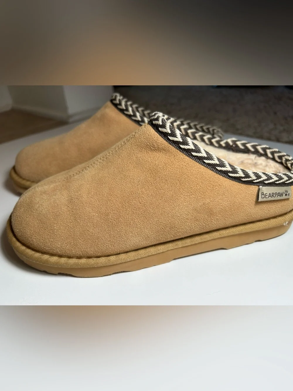 BearPaw Tan Suede Faux-Shearling Slip-On Slippers with Black & White Trim